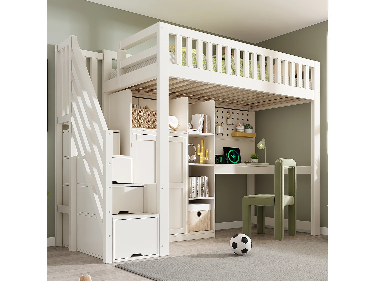 Hochbett 90x200 cm - Leiter mit Stauraum - mit Schreibtisch, Schrank und offenen Regalen - mit USB-Schnittstelle - Weiß​ (ohne Matratze)