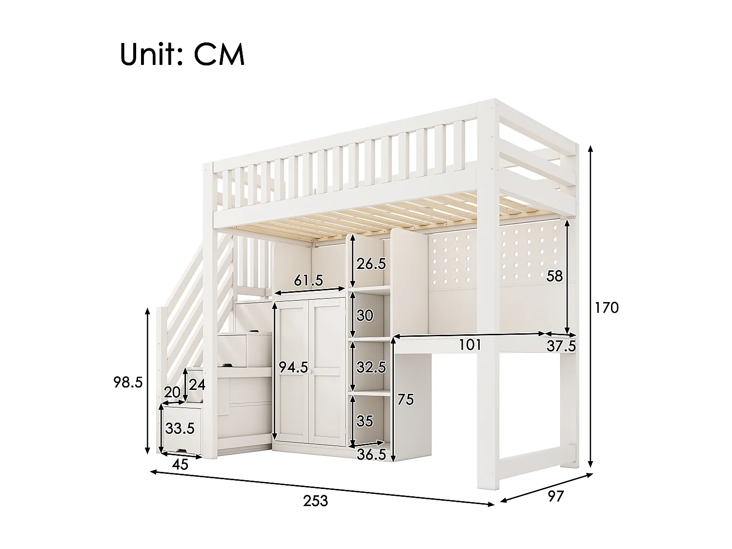 Hochbett 90x200 cm - Leiter mit Stauraum - mit Schreibtisch, Schrank und offenen Regalen - mit USB-Schnittstelle - Weiß​ (ohne Matratze)