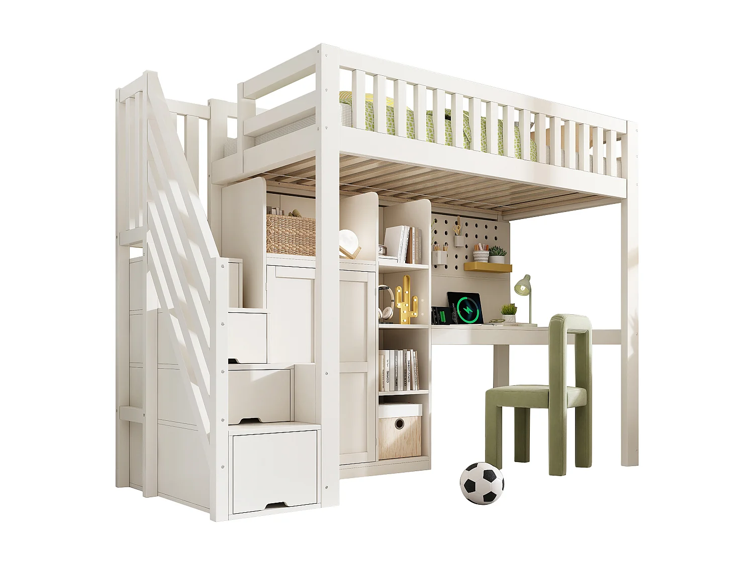 Hochbett 90x200 cm - Leiter mit Stauraum - mit Schreibtisch, Schrank und offenen Regalen - mit USB-Schnittstelle - Weiß​ (ohne Matratze)