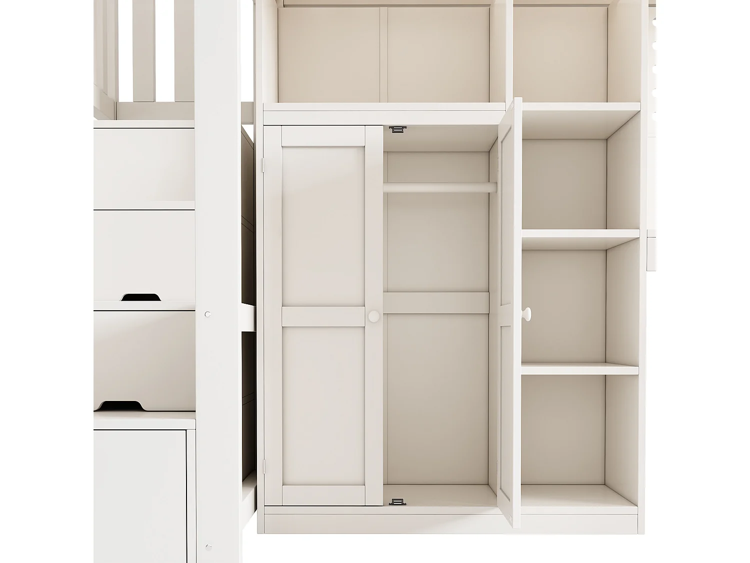 Hochbett 90x200 cm - Leiter mit Stauraum - mit Schreibtisch, Schrank und offenen Regalen - mit USB-Schnittstelle - Weiß​ (ohne Matratze)