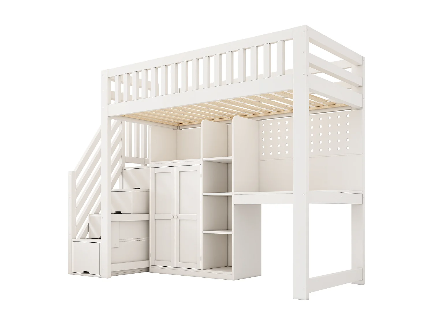 Hochbett 90x200 cm - Leiter mit Stauraum - mit Schreibtisch, Schrank und offenen Regalen - mit USB-Schnittstelle - Weiß​ (ohne Matratze)