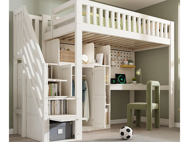 Lit mezzanine 90x200 cm - escalier avec rangement - avec bureau, armoire et étagères ouvertes - avec interface USB - Blanc (sans matelas)