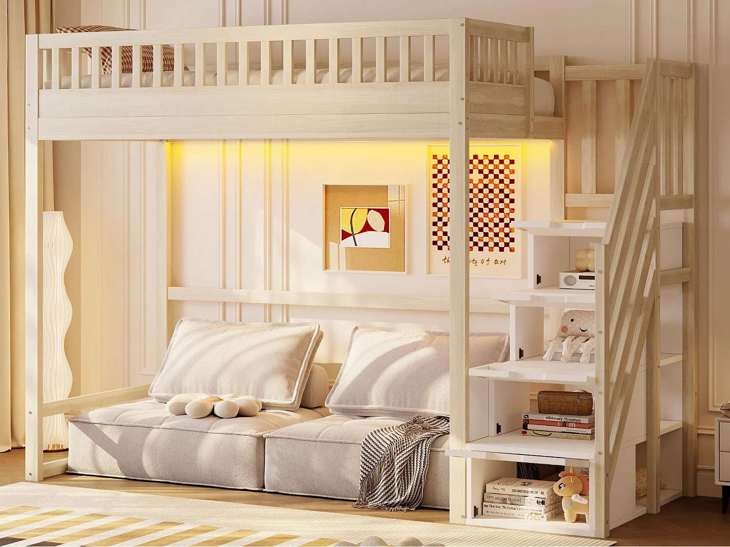 Hochbett 90x200 cm - mit Sicherheitsleiter - mit Sicherheitsgittern - mit LED-Beleuchtung - natur​ (Matratze nicht inbegriffen)