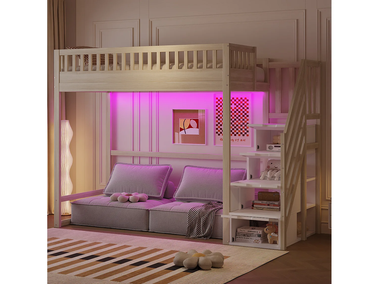 Hochbett 90x200 cm - mit Sicherheitsleiter - mit Sicherheitsgittern - mit LED-Beleuchtung - natur​ (Matratze nicht inbegriffen)