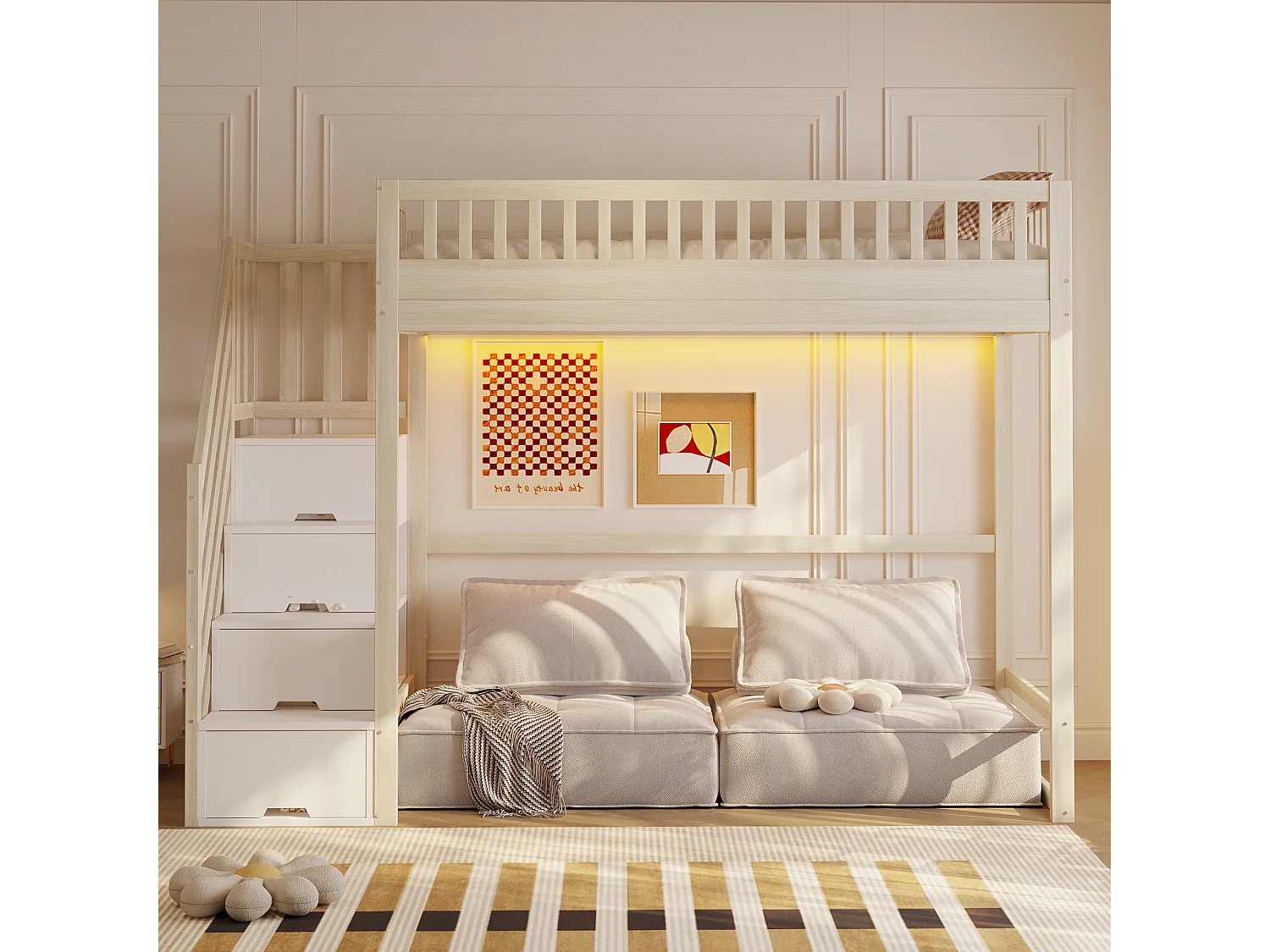 Hochbett 90x200 cm - mit Sicherheitsleiter - mit Sicherheitsgittern - mit LED-Beleuchtung - natur​ (Matratze nicht inbegriffen)