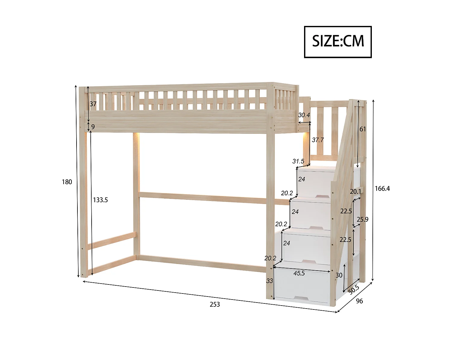 Hochbett 90x200 cm - mit Sicherheitsleiter - mit Sicherheitsgittern - mit LED-Beleuchtung - natur​ (Matratze nicht inbegriffen)