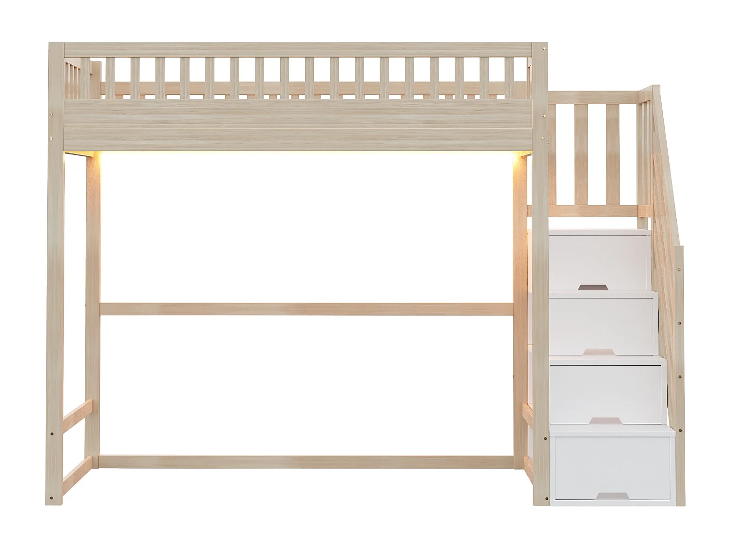 Hochbett 90x200 cm - mit Sicherheitsleiter - mit Sicherheitsgittern - mit LED-Beleuchtung - natur​ (Matratze nicht inbegriffen)