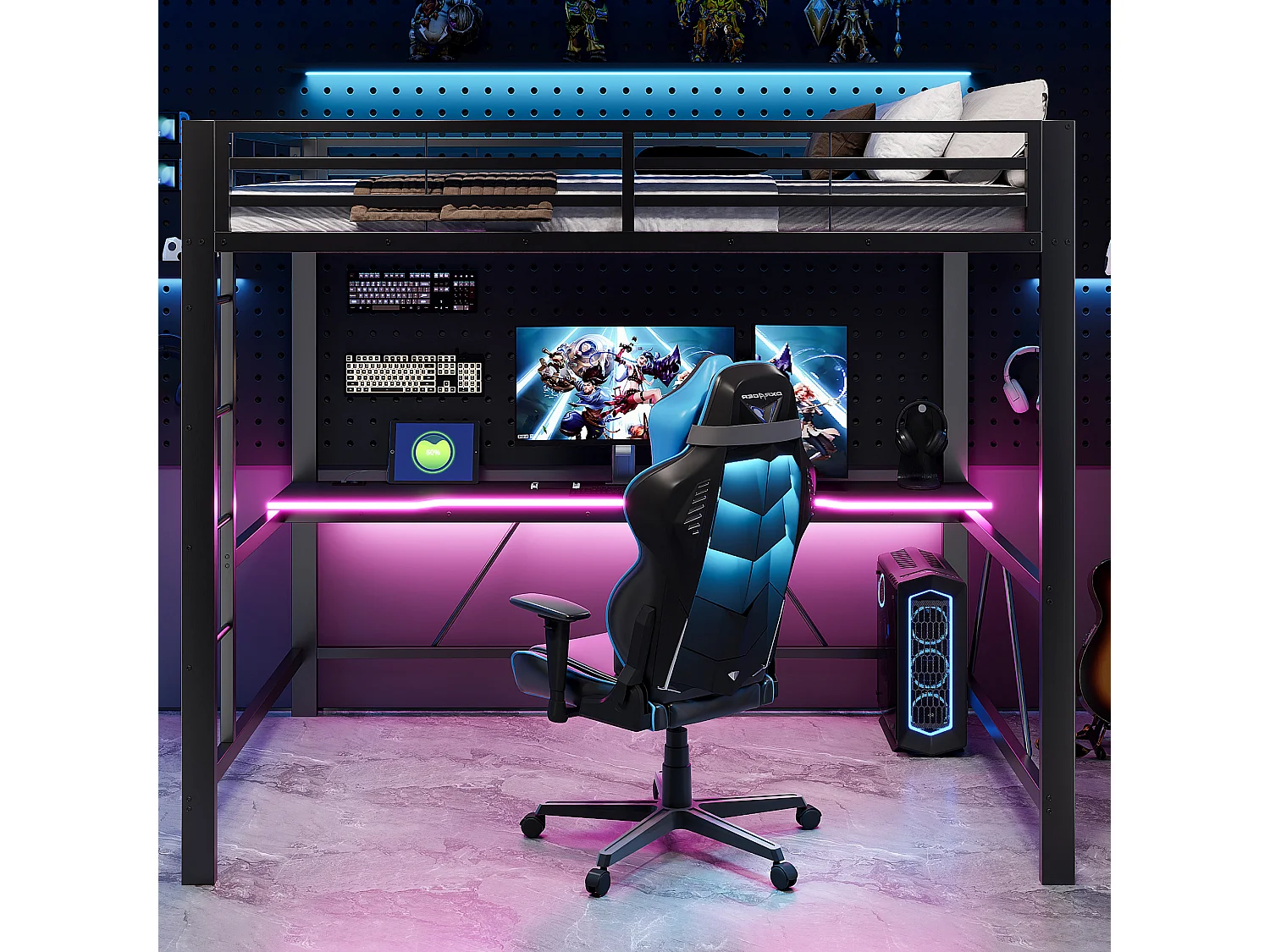 Metall-Hochbett 140x200cm - mit Schreibtisch - mit LED-Beleuchtung und USB-Ladeanschluss - Schwarz​ (ohne Matratze)