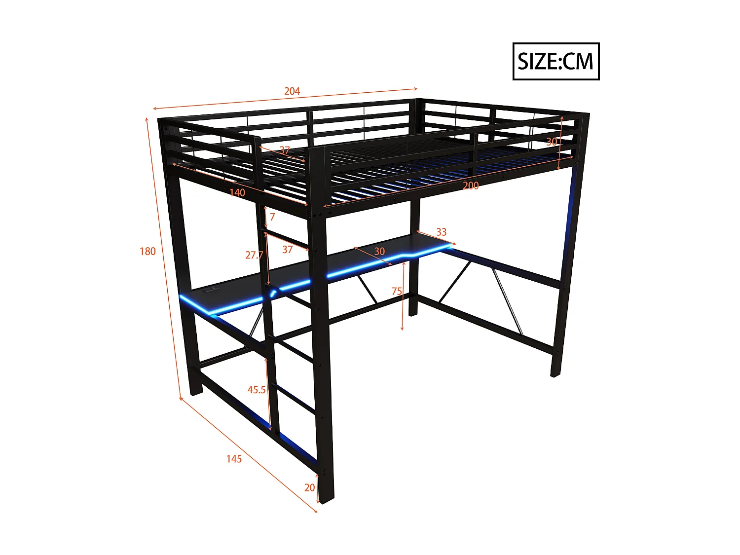 Metall-Hochbett 140x200cm - mit Schreibtisch - mit LED-Beleuchtung und USB-Ladeanschluss - Schwarz​ (ohne Matratze)