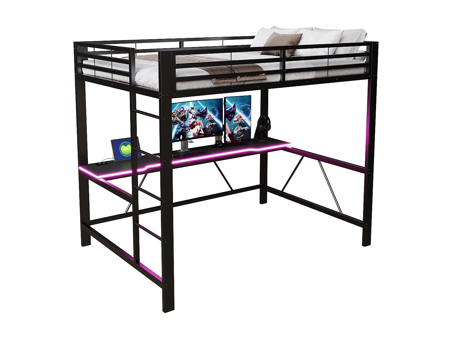 Metall-Hochbett 140x200cm - mit Schreibtisch - mit LED-Beleuchtung und USB-Ladeanschluss - Schwarz​ (ohne Matratze)