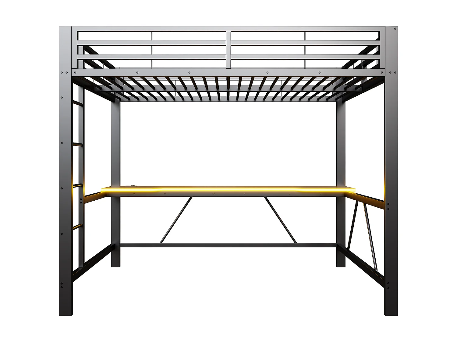 Metall-Hochbett 140x200cm - mit Schreibtisch - mit LED-Beleuchtung und USB-Ladeanschluss - Schwarz​ (ohne Matratze)