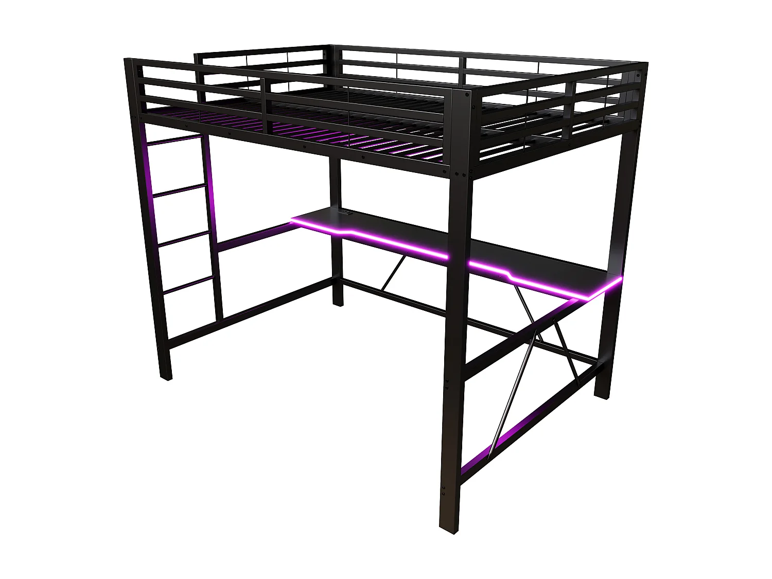 Metall-Hochbett 140x200cm - mit Schreibtisch - mit LED-Beleuchtung und USB-Ladeanschluss - Schwarz​ (ohne Matratze)