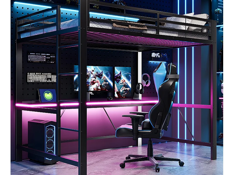 Lit mezzanine en métal 140x200cm - avec bureau - avec éclairage LED et port de chargement USB - Noir（sans matelas）