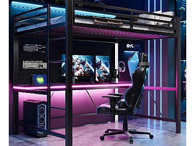 Metal loft bed 140x200cm - with desk - with LED lighting and USB charging port - Black (mattress not included)