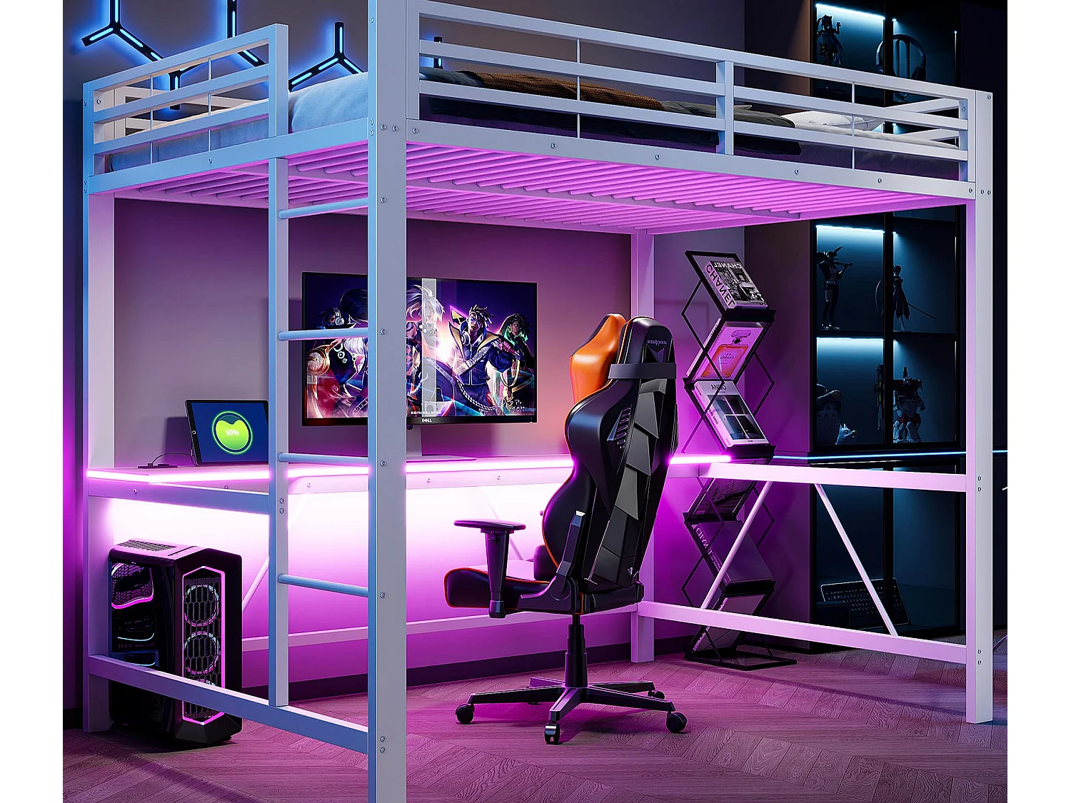 Metall-Hochbett 140x200cm - mit Schreibtisch - mit LED-Beleuchtung und USB-Ladeanschluss - Weiß​ (ohne Matratze)