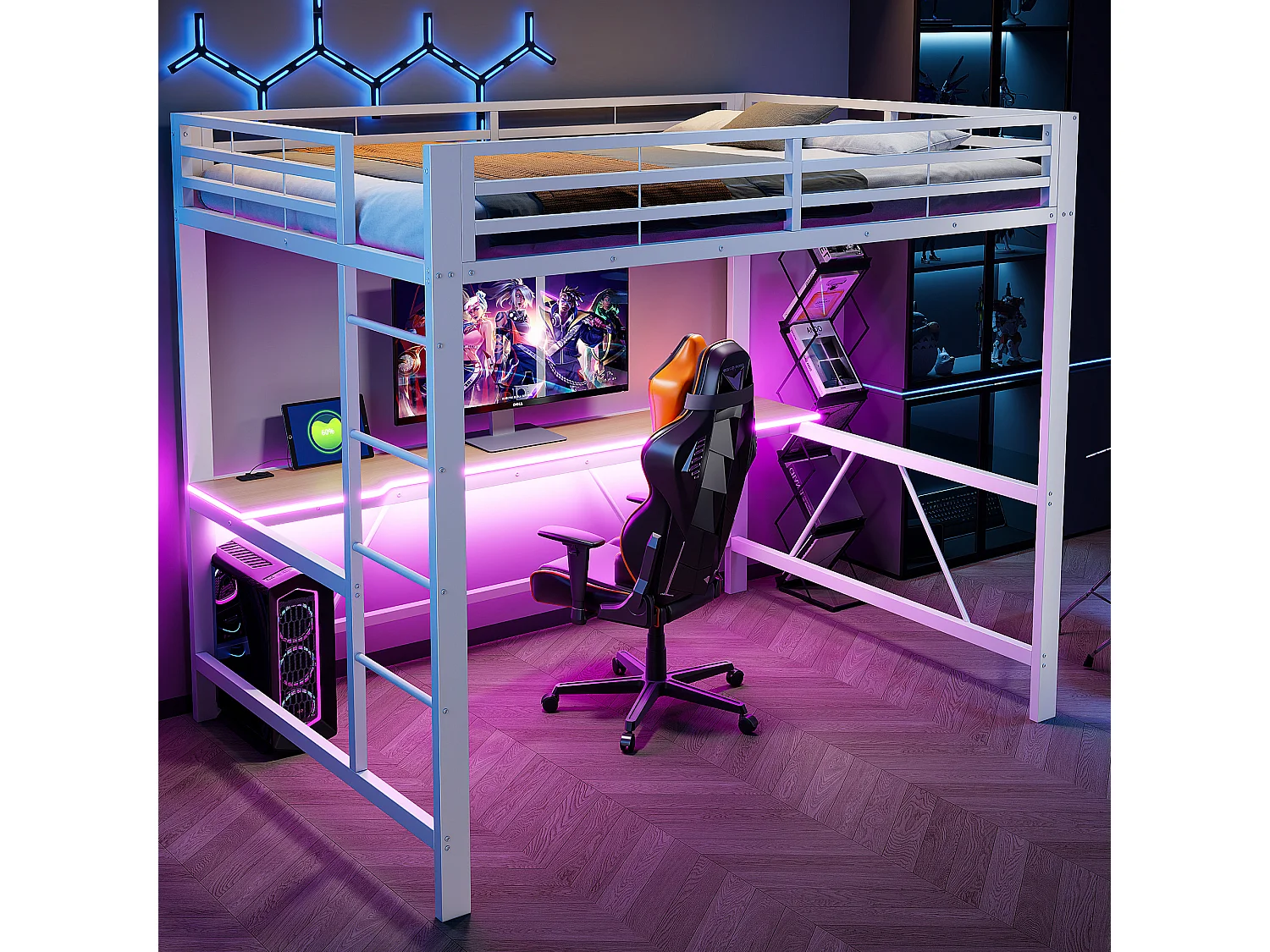 Metall-Hochbett 140x200cm - mit Schreibtisch - mit LED-Beleuchtung und USB-Ladeanschluss - Weiß​ (ohne Matratze)