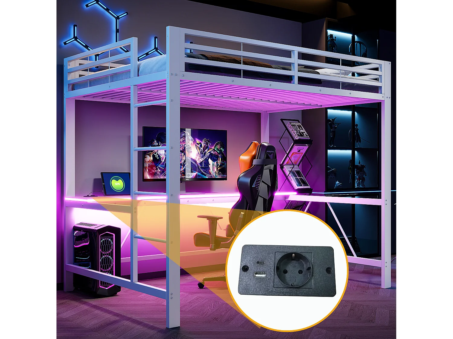 Metall-Hochbett 140x200cm - mit Schreibtisch - mit LED-Beleuchtung und USB-Ladeanschluss - Weiß​ (ohne Matratze)