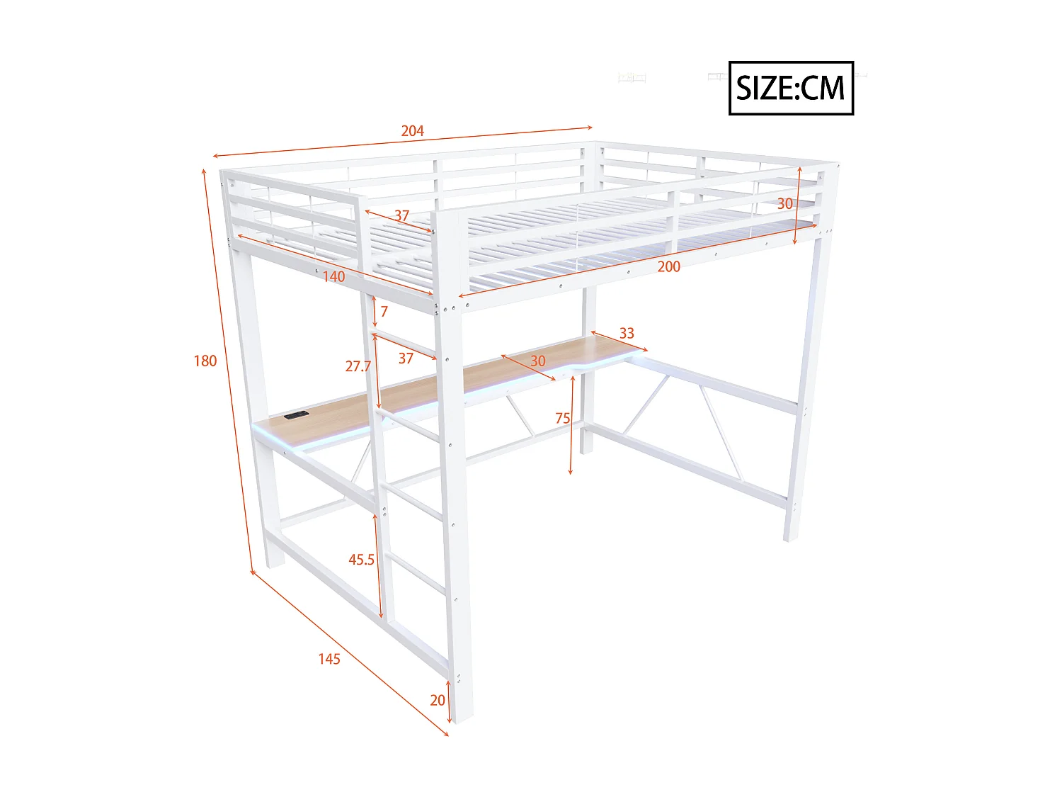 Metall-Hochbett 140x200cm - mit Schreibtisch - mit LED-Beleuchtung und USB-Ladeanschluss - Weiß​ (ohne Matratze)
