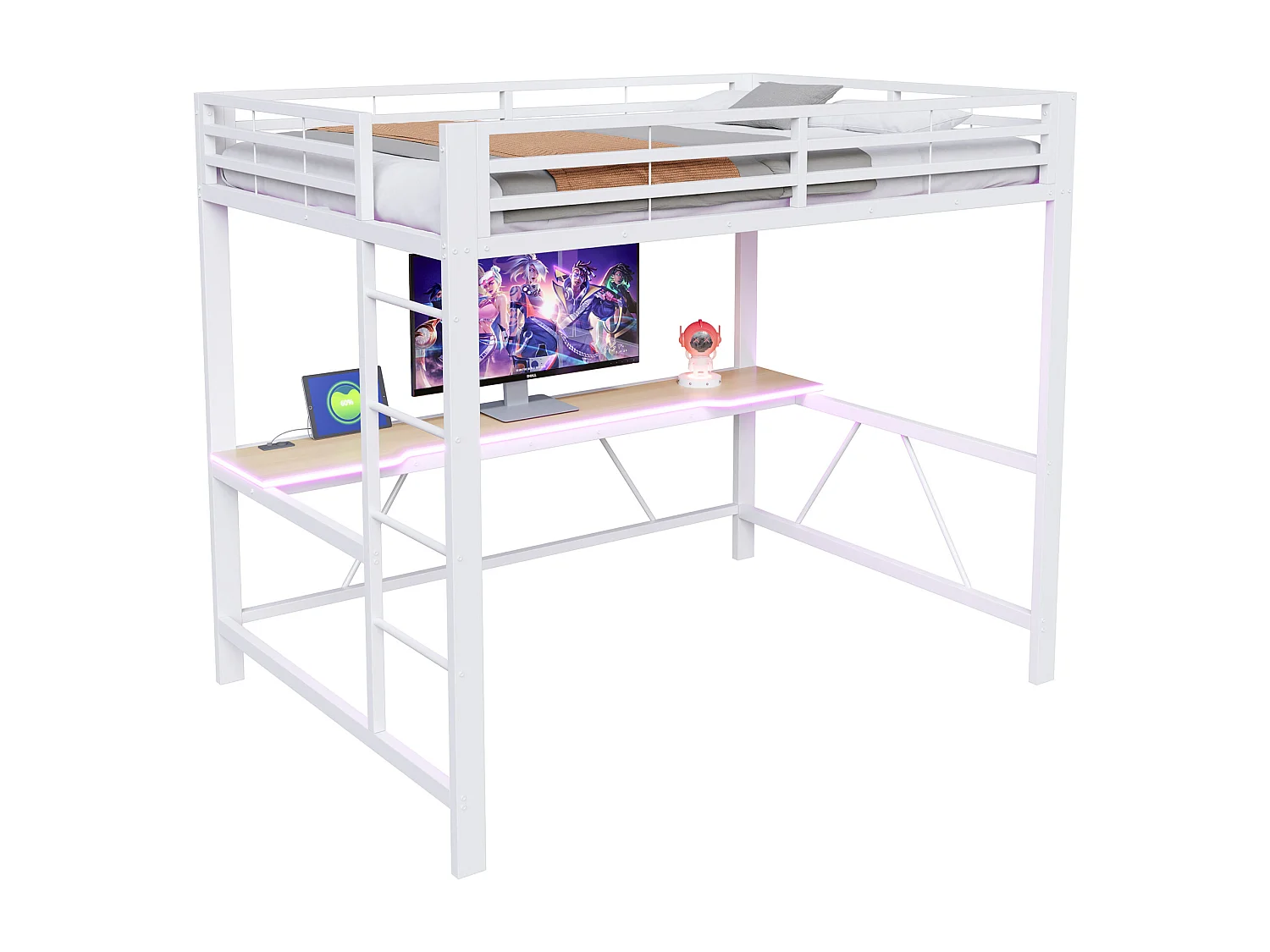 Metall-Hochbett 140x200cm - mit Schreibtisch - mit LED-Beleuchtung und USB-Ladeanschluss - Weiß​ (ohne Matratze)