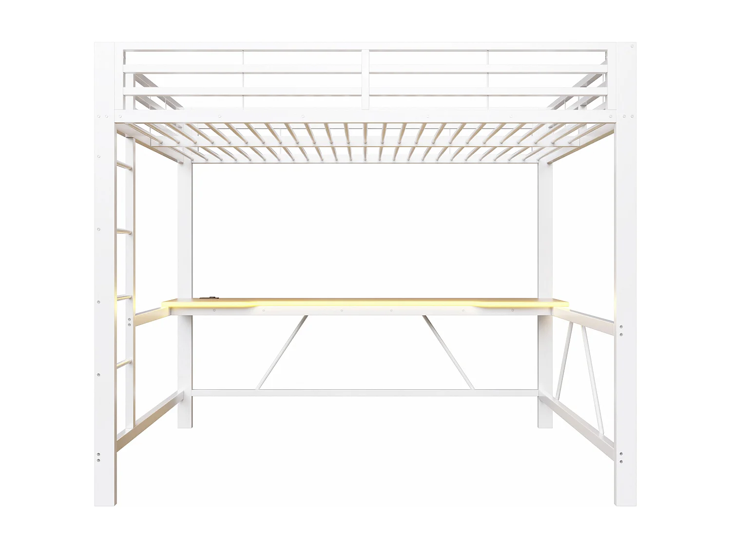 Metall-Hochbett 140x200cm - mit Schreibtisch - mit LED-Beleuchtung und USB-Ladeanschluss - Weiß​ (ohne Matratze)