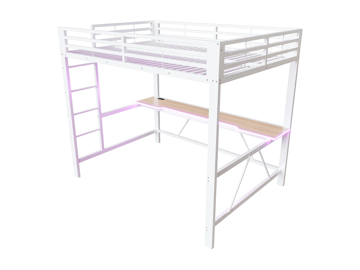 Metall-Hochbett 140x200cm - mit Schreibtisch - mit LED-Beleuchtung und USB-Ladeanschluss - Weiß​ (ohne Matratze)