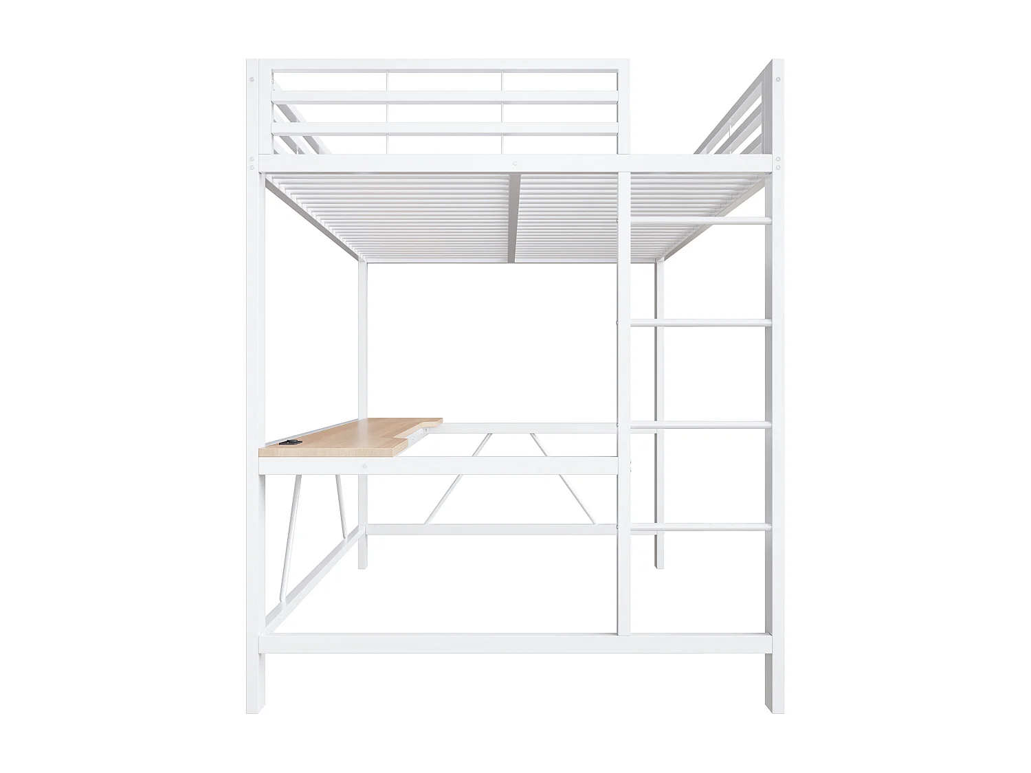 Metall-Hochbett 140x200cm - mit Schreibtisch - mit LED-Beleuchtung und USB-Ladeanschluss - Weiß​ (ohne Matratze)