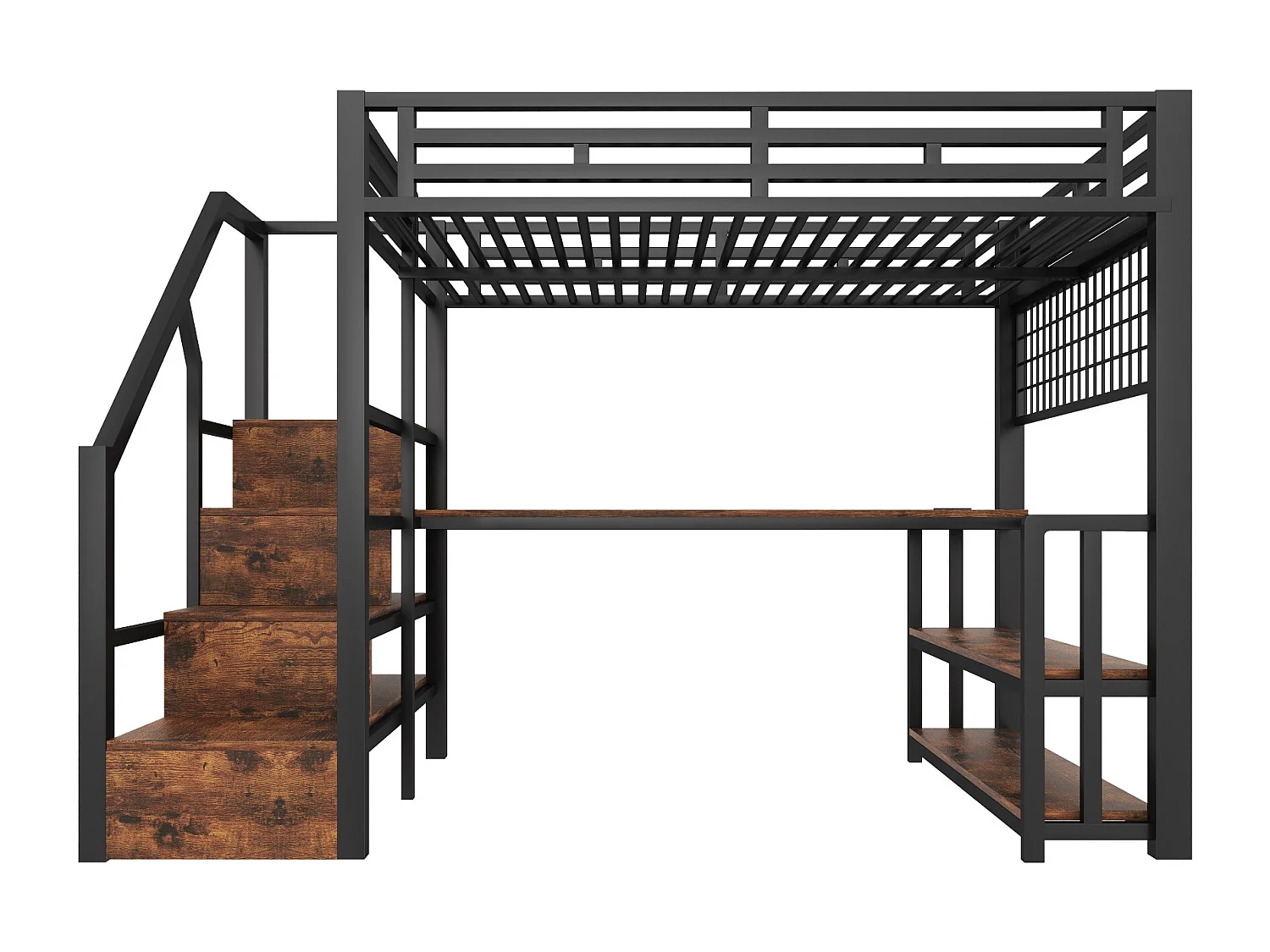 Letto soppalcato 140x200 cm - con ripiani di riporre e scrivania - luce LED - dotato di 2 porte USB + 1 porta Type-C - nero​ (materasso non incluso)