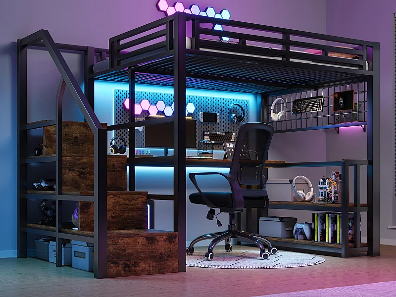 Letto soppalcato 140x200 cm - con ripiani di riporre e scrivania - luce LED - dotato di 2 porte USB + 1 porta Type-C - nero​ (materasso non incluso)
