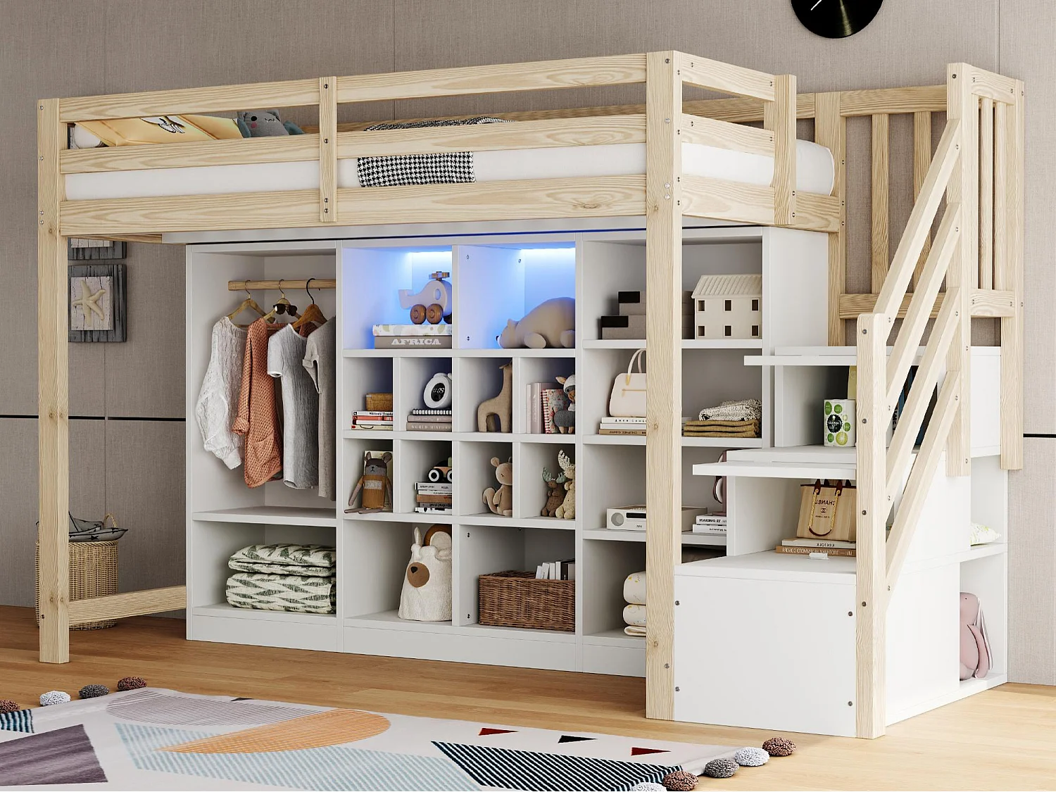 Hochbett 90x200 cm - mit Staufächern - mit Schrank - mit LED-Beleuchtung - mit Sicherheitsleiter - natur