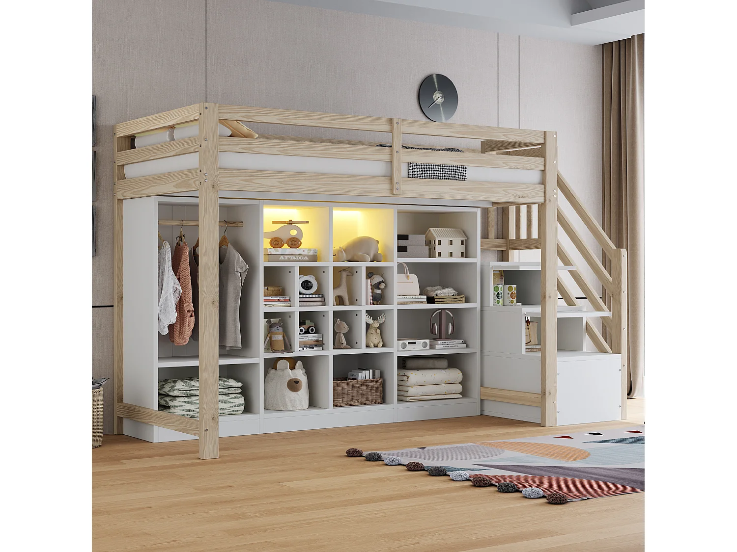 Hochbett 90x200 cm - mit Staufächern - mit Schrank - mit LED-Beleuchtung - mit Sicherheitsleiter - natur