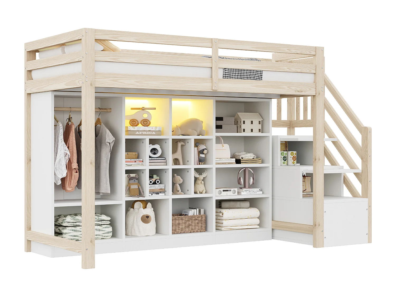 Hochbett 90x200 cm - mit Staufächern - mit Schrank - mit LED-Beleuchtung - mit Sicherheitsleiter - natur