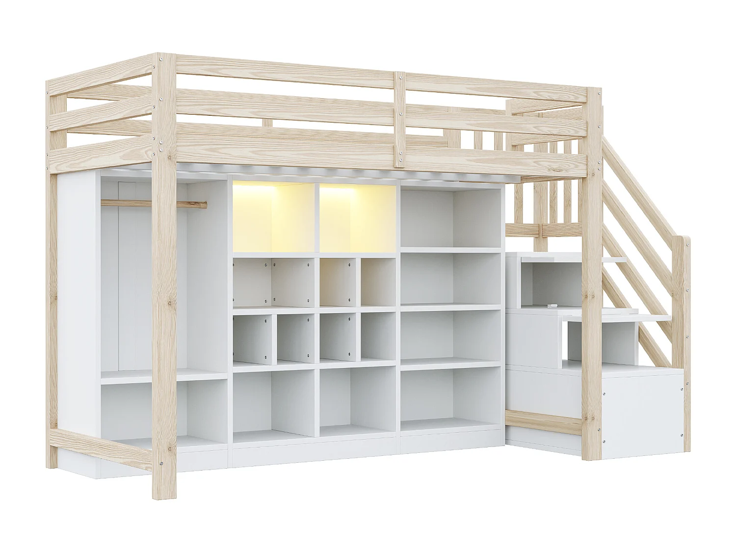 Hochbett 90x200 cm - mit Staufächern - mit Schrank - mit LED-Beleuchtung - mit Sicherheitsleiter - natur