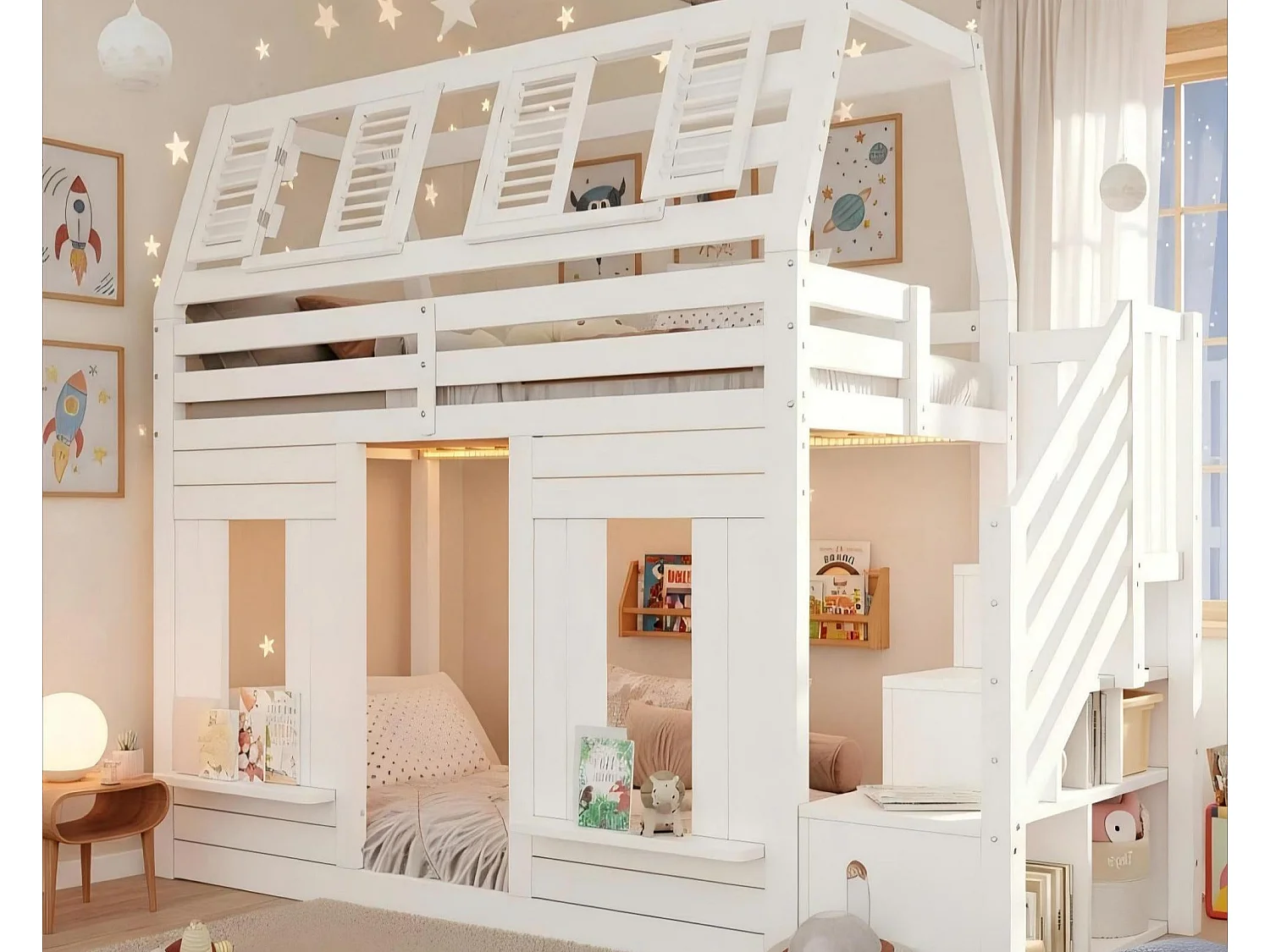 Kinder-Hochbett 90x200cm mit LED - Sicherheitsgittern und Aufstiegsleiter mit Stauraum - MDF + Massivholz - Weiß​ (ohne Matratze)