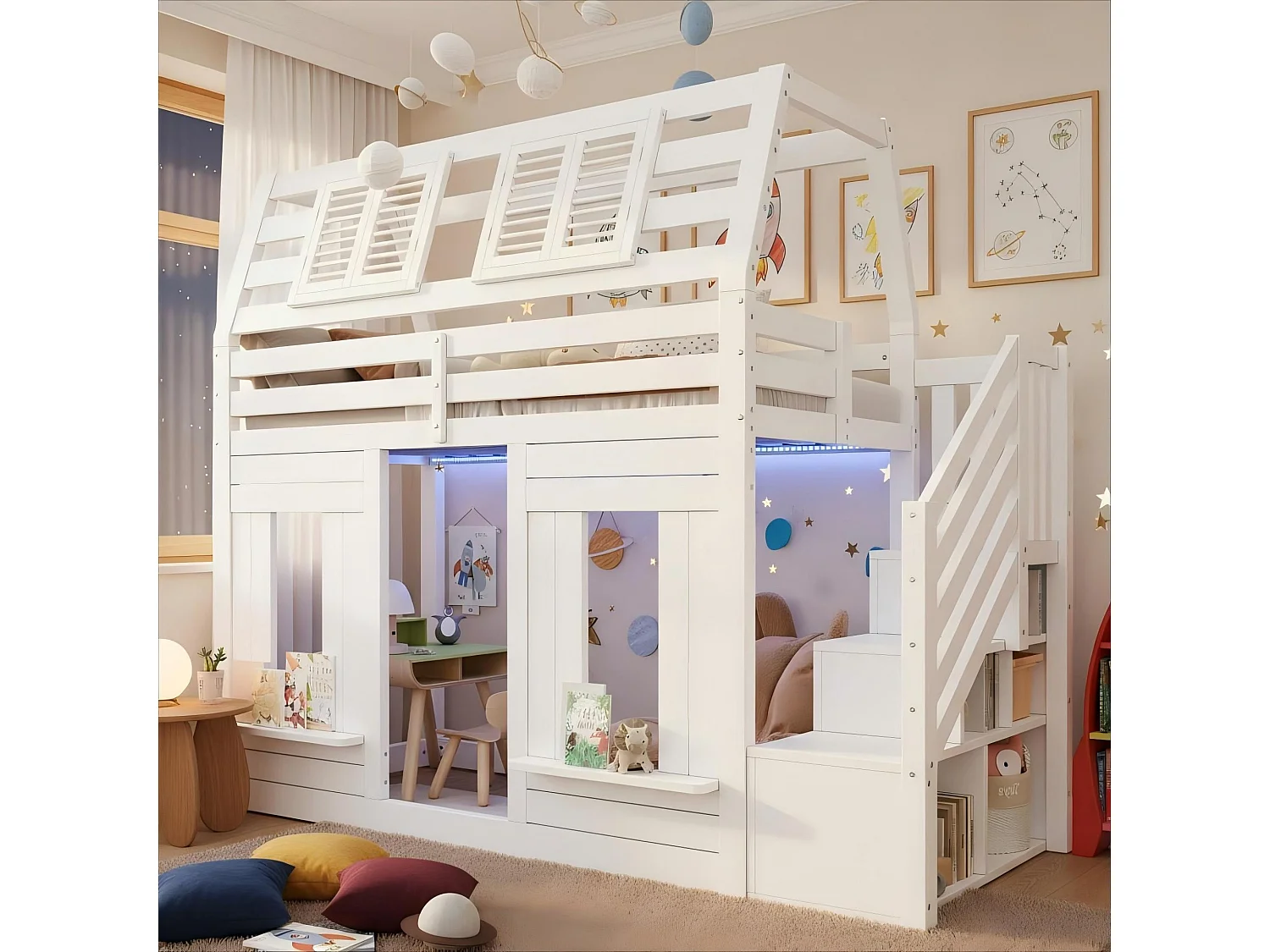 Kinder-Hochbett 90x200cm mit LED - Sicherheitsgittern und Aufstiegsleiter mit Stauraum - MDF + Massivholz - Weiß​ (ohne Matratze)