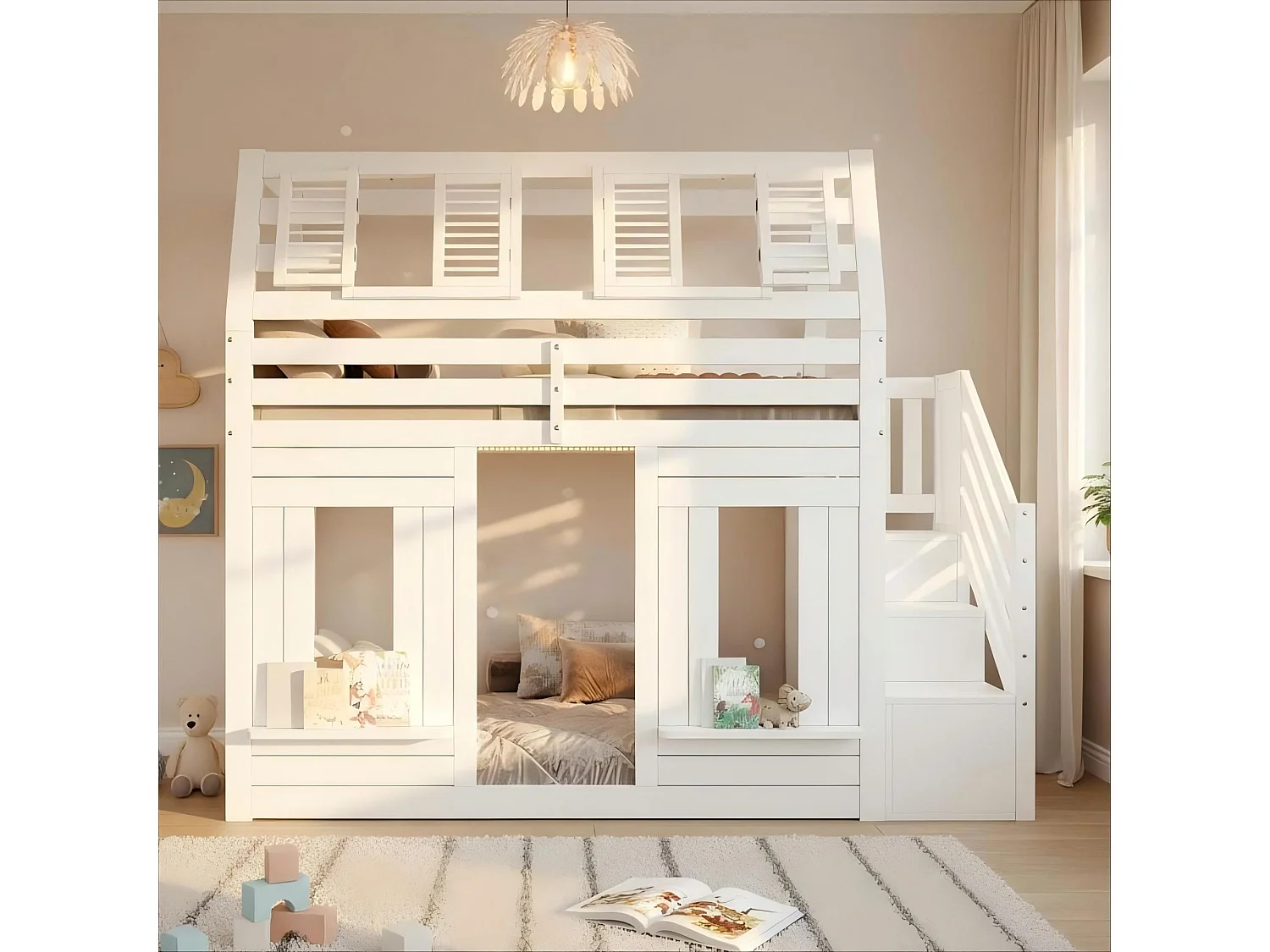 Kinder-Hochbett 90x200cm mit LED - Sicherheitsgittern und Aufstiegsleiter mit Stauraum - MDF + Massivholz - Weiß​ (ohne Matratze)