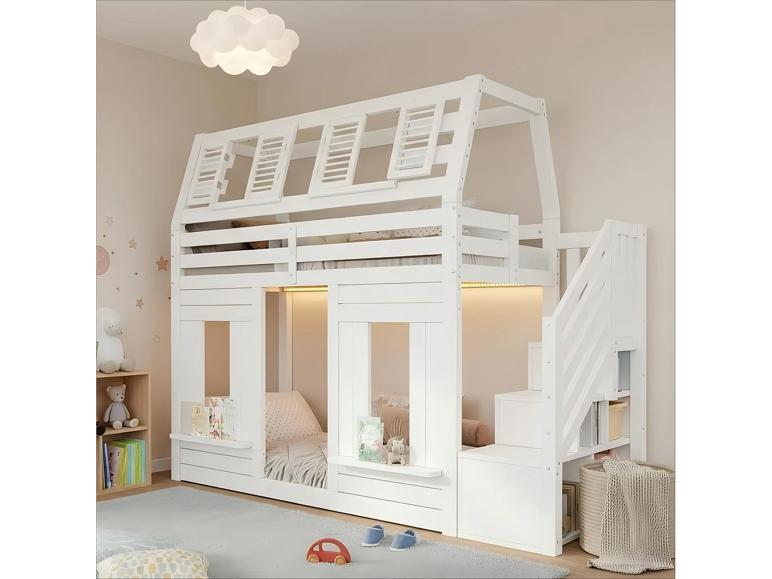 Kinder-Hochbett 90x200cm mit LED - Sicherheitsgittern und Aufstiegsleiter mit Stauraum - MDF + Massivholz - Weiß​ (ohne Matratze)