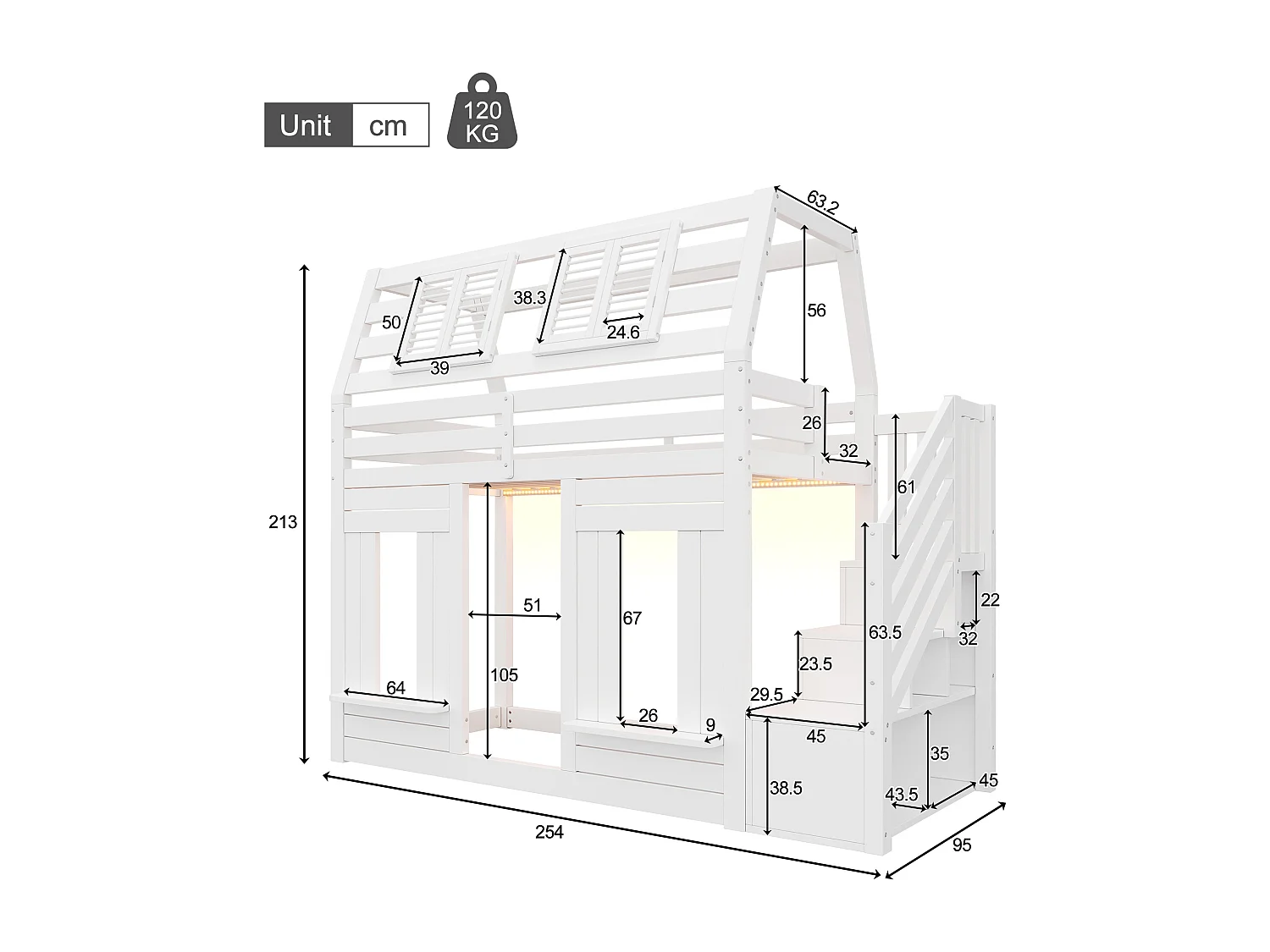 Kinder-Hochbett 90x200cm mit LED - Sicherheitsgittern und Aufstiegsleiter mit Stauraum - MDF + Massivholz - Weiß​ (ohne Matratze)