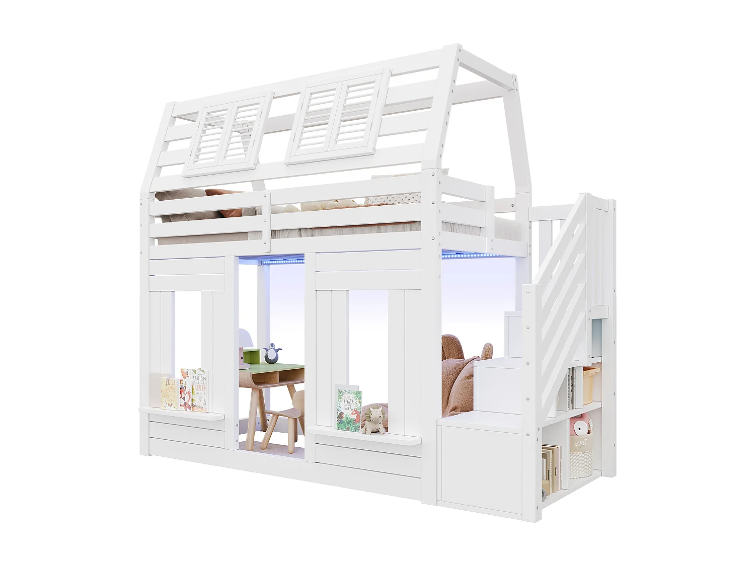 Kinder-Hochbett 90x200cm mit LED - Sicherheitsgittern und Aufstiegsleiter mit Stauraum - MDF + Massivholz - Weiß​ (ohne Matratze)