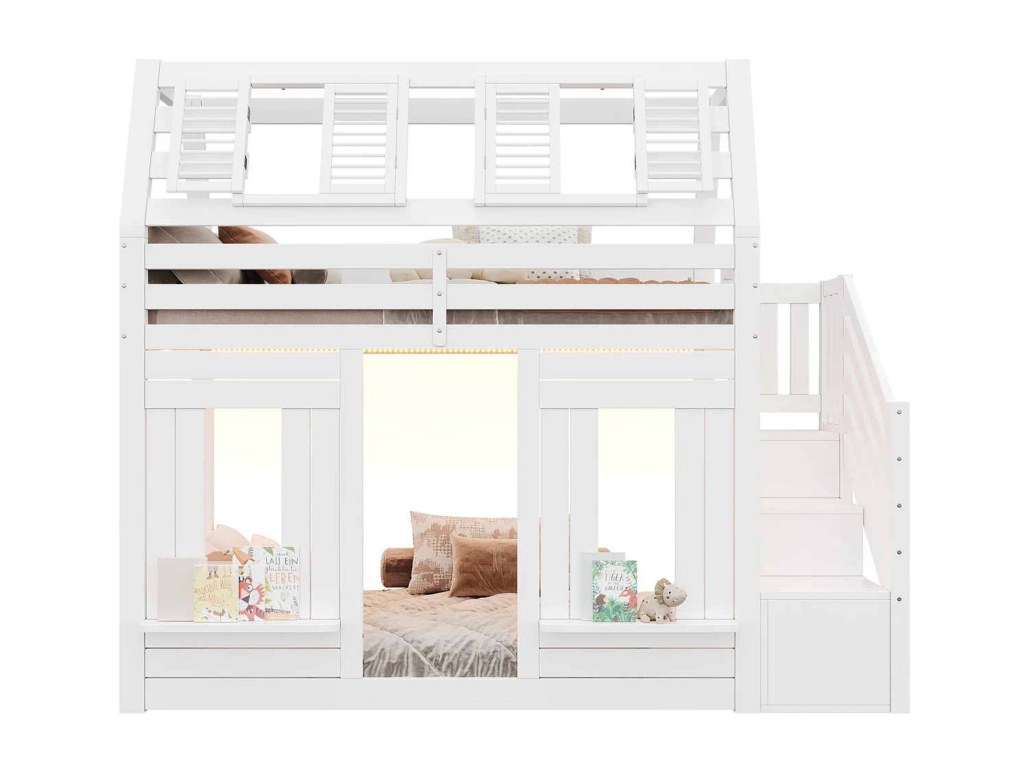 Kinder-Hochbett 90x200cm mit LED - Sicherheitsgittern und Aufstiegsleiter mit Stauraum - MDF + Massivholz - Weiß​ (ohne Matratze)