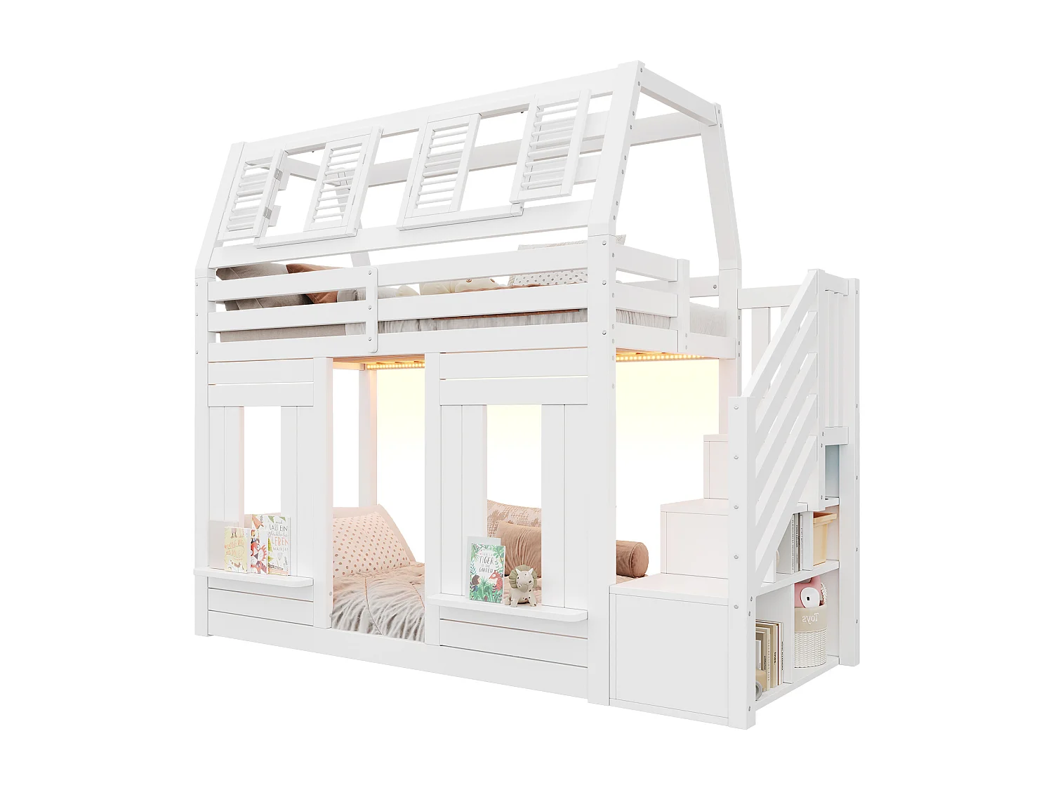 Kinder-Hochbett 90x200cm mit LED - Sicherheitsgittern und Aufstiegsleiter mit Stauraum - MDF + Massivholz - Weiß​ (ohne Matratze)
