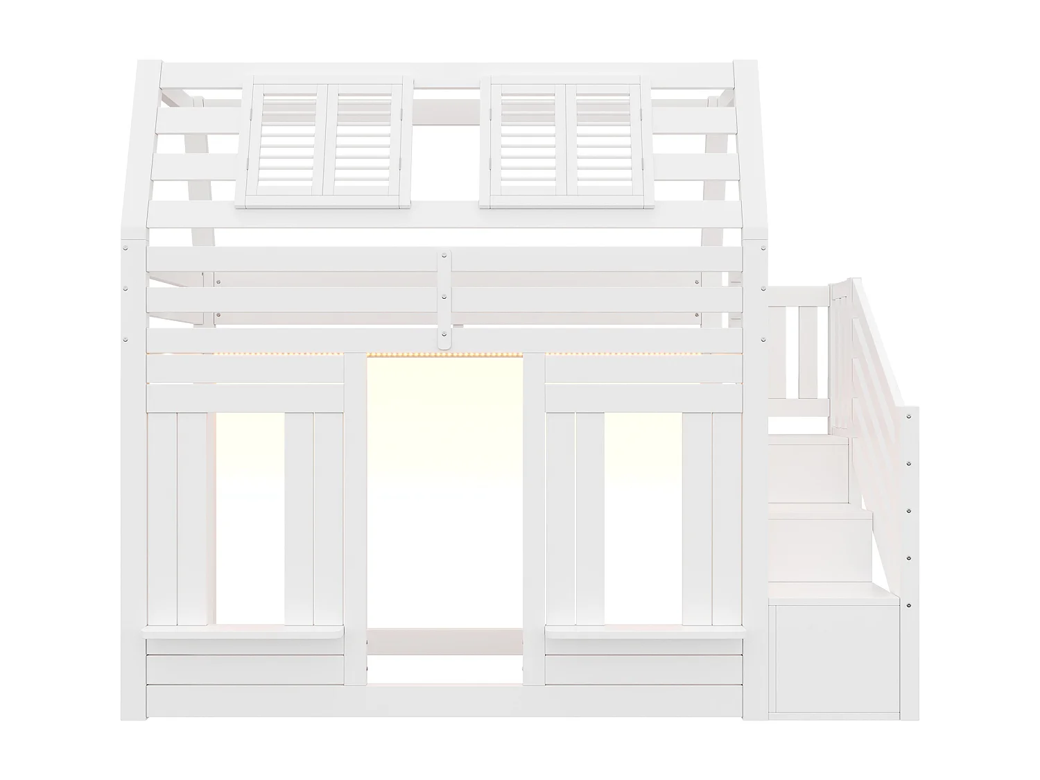Kinder-Hochbett 90x200cm mit LED - Sicherheitsgittern und Aufstiegsleiter mit Stauraum - MDF + Massivholz - Weiß​ (ohne Matratze)