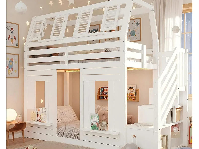 Kinder-Hochbett 90x200cm mit LED - Sicherheitsgittern und Aufstiegsleiter mit Stauraum - MDF + Massivholz - Weiß​ (ohne Matratze)