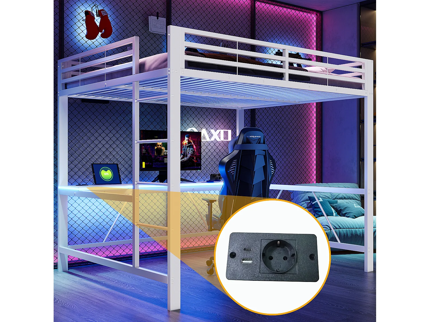 Metall-Hochbett 160x200cm - mit Schreibtisch - mit LED-Beleuchtung und USB-Ladeanschluss - Weiß​ (ohne Matratze)