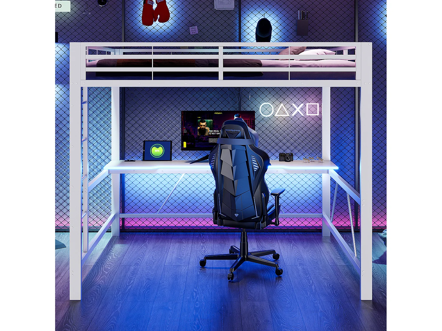 Metall-Hochbett 160x200cm - mit Schreibtisch - mit LED-Beleuchtung und USB-Ladeanschluss - Weiß​ (ohne Matratze)