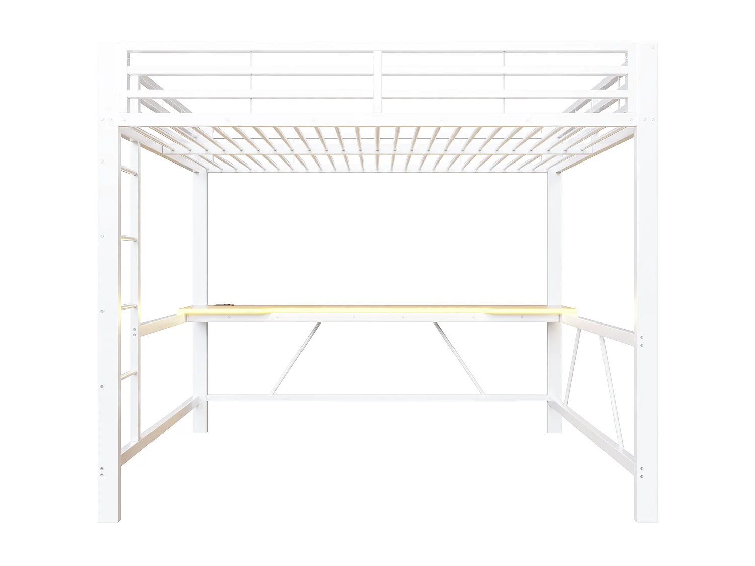 Metall-Hochbett 160x200cm - mit Schreibtisch - mit LED-Beleuchtung und USB-Ladeanschluss - Weiß​ (ohne Matratze)