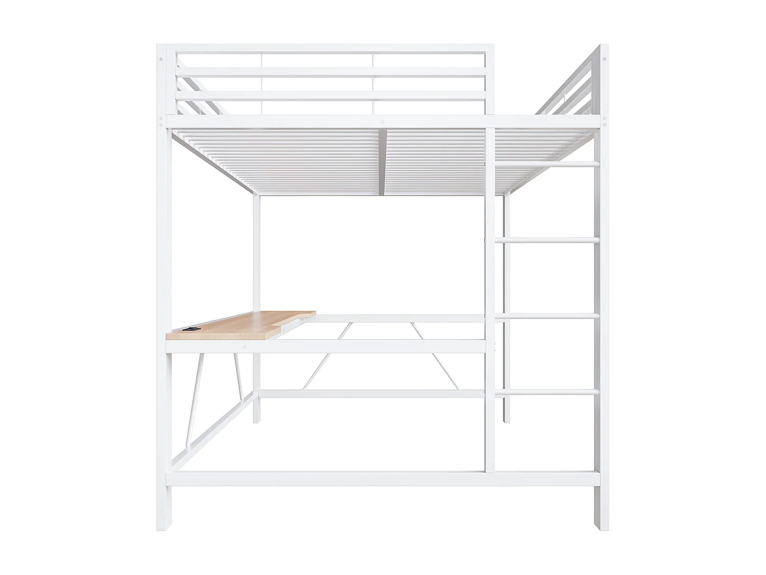 Metall-Hochbett 160x200cm - mit Schreibtisch - mit LED-Beleuchtung und USB-Ladeanschluss - Weiß​ (ohne Matratze)