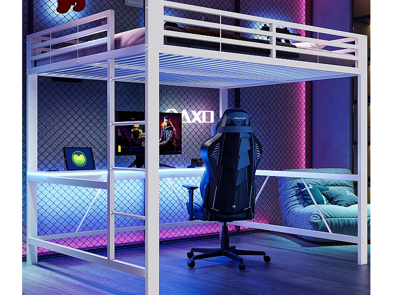 Lit mezzanine en métal 160x200cm - avec bureau - avec éclairage LED et port de chargement USB - Blanc（sans matelas）
