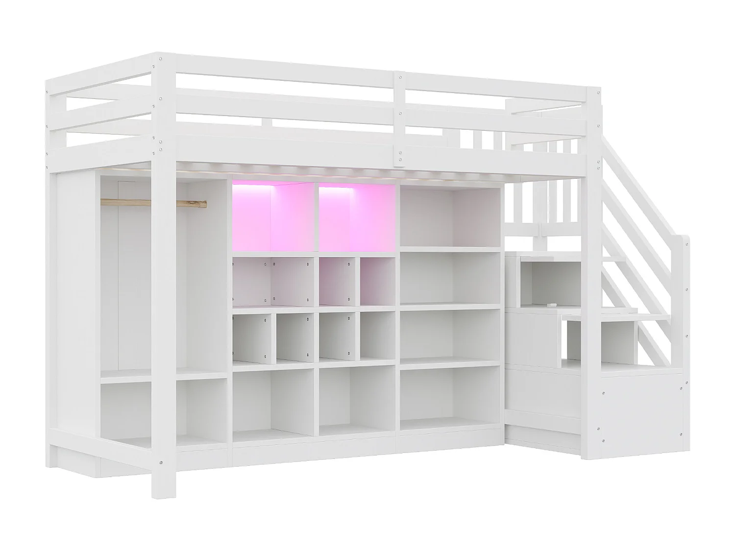 Hochbett 90x200 cm - mit Staufächern - mit Schrank - mit LED-Beleuchtung - mit Sicherheitsleiter - Weiß