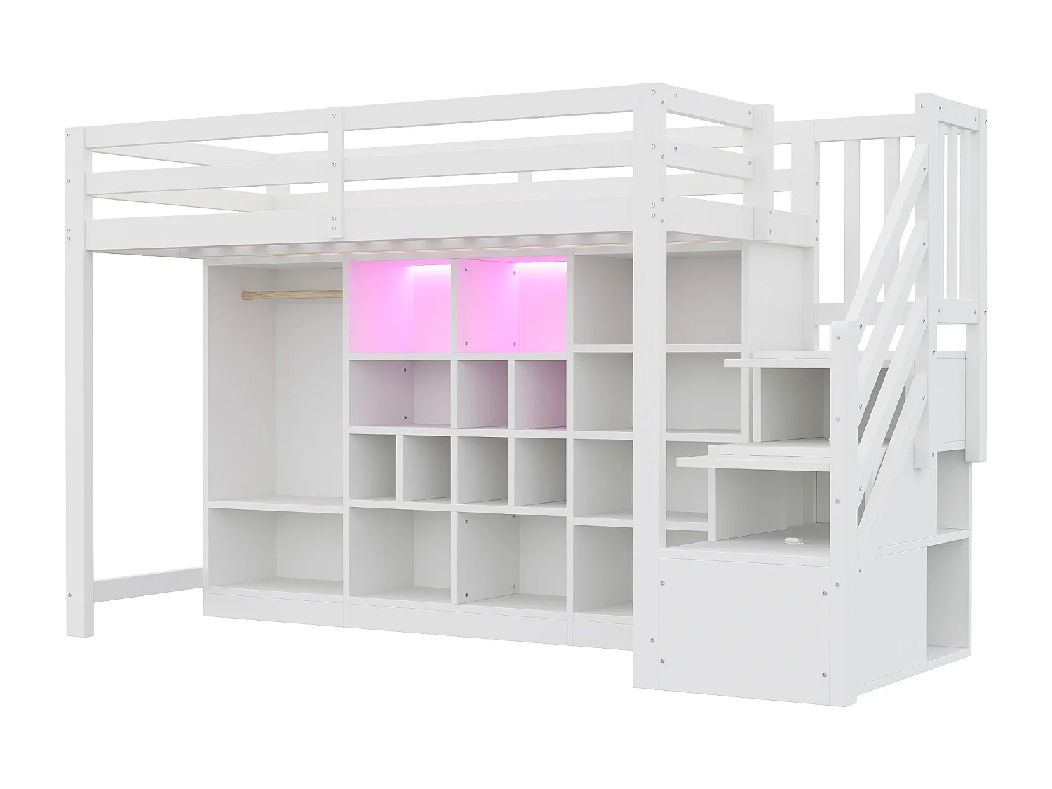 Hochbett 90x200 cm - mit Staufächern - mit Schrank - mit LED-Beleuchtung - mit Sicherheitsleiter - Weiß