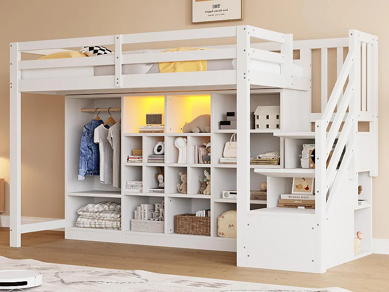 Hochbett 90x200 cm - mit Staufächern - mit Schrank - mit LED-Beleuchtung - mit Sicherheitsleiter - Weiß